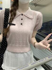 彼得潘领花瓣袖针织毛衣，甜美百搭女式上衣，夏季新品粉色 - 粉色 - 查看 9
