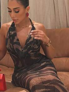 Vestido Sexy fino con cuello Halter de gato extraño para mujer, Espalda descubierta, Sexy, sin mangas,  de verano, estampado de leopardo, ropa para fiesta de medianoche - Marrón oscuro - Ver 4