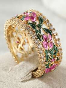Women's Bohemian Rings, Hollow Colorful Flower Design, Synthetic Cubic Zirconia, Suitable For Party, Vacation And Daily Wear - Gold - View 6
