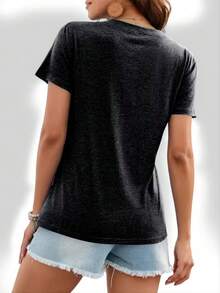 Printed With The Text Pattern "I Sought The Lord, And He Heard And Answered Me". Women's Casual Everyday Crew Neck Short-Sleeve Fashion Sports T-Shirt With Printed Patterns And Comfortable To Wear; Women's Black Short-Sleeve Top - 黑色 - 查看 2
