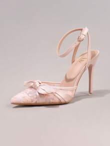 蕾絲刺繡高跟鞋，時尚蝴蝶結裝飾性感尖頭超高跟派對禮服鞋，女款細跟涼鞋 - 粉色 - 查看 12