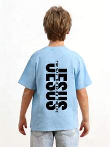 男童休闲印花圆领短袖T恤，夏季上衣 - 淺藍色 - 查看 4