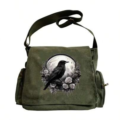 Dark Green Raven Rose Print Canvas Messenger Bag, Large Capacity Retro Shoulder Crossbody Bag