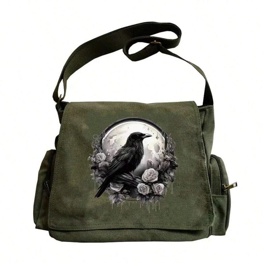 Dark Green Raven Rose Print Canvas Messenger Bag, Large Capacity Retro Shoulder Crossbody Bag - Multicolor - View 1