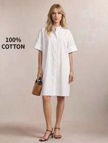 Vestido de algodón holgado de estilo minimalista básico con cuello mao, botones delanteros y color bliso sólido, para uso casual diario, ir al trabajo y vestimenta informal de negocios - Blanco - Ver 1