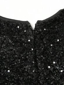 Vestido ajustado de mujer elegante con parches de tela de lentejuelas y de punto, con drapeado, cuello en V, ajuste estilizante, para salir - Negro - Ver 6
