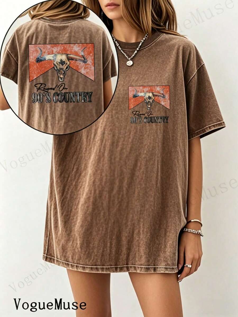 Unisex Washed Distressed T-Shirt Cotton Blend Casual Oversized Tee. Women'S Vintage 192s Retro Skull & 9'S Country Graphic T-Shirt - Double-Sided - 棕色 - 查看 1