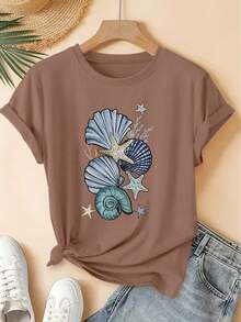 Vintage Ocean And Starfish Print Short Sleeve T-Shirt, Forest Style Loose Top, Spring/Summer 2026 Elegant Party Fashion, Women's Versatile Clothing, Loose Fit Retro T-Shirt - 白色 - 查看 10