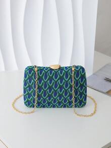 Peacock Pattern Woven Hard Case Evening Clutch, Luxury Niche Crossbody Chain Purse For Formal Occasions - Blue - View 4