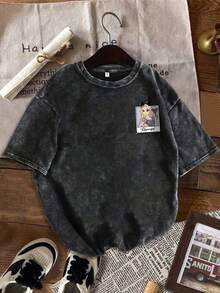 Disney Princess Mickey Balloon Letter" Pattern Printed T-Shirt Summer Women's Fun T-Shirt Short Sleeve Top Printed Regular Fashion Niche Snowflake Washed T-Shirt - màu đen - Xem 2