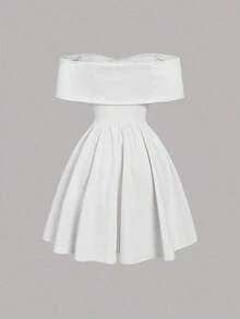 MOD Vestido con hombros descubiertos, cuello de lazo, cintura ajustada y bajo acampanado - Blanco - Ver 2