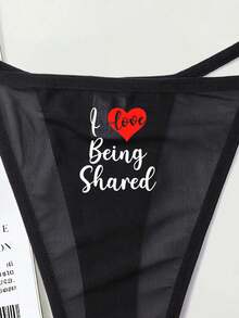Sheer Mesh Women's Thong Tanga Panties, High Elastic & Snug Fit, "L LOVE BEING SHRAED" Graphic, Breathable Moisture, Wicking, Antibacterial Crotch, Smooth Friction, Reducing Edges, Sexy & Comfortable For Women's Lingerie Gift For Valentine's Day, Anniversaries, Bachelor Parties - 黑色 - 查看 5