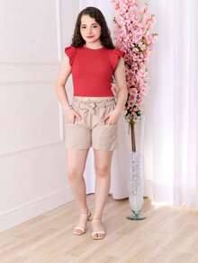 Children's And Teen Set: Cropped Blouse With Ruffles And Ribbed Detail + Linen Clochard Shorts. 2-Piece Set For Girls And Teenagers CJI033 - 裸體與裸體 - 查看 2