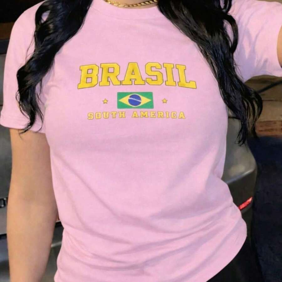 Unisex Brazil World Cup 2026 Fan T-Shirt, Yellow, Blue, Black, , Round Neck - 淺粉色 - 查看 1