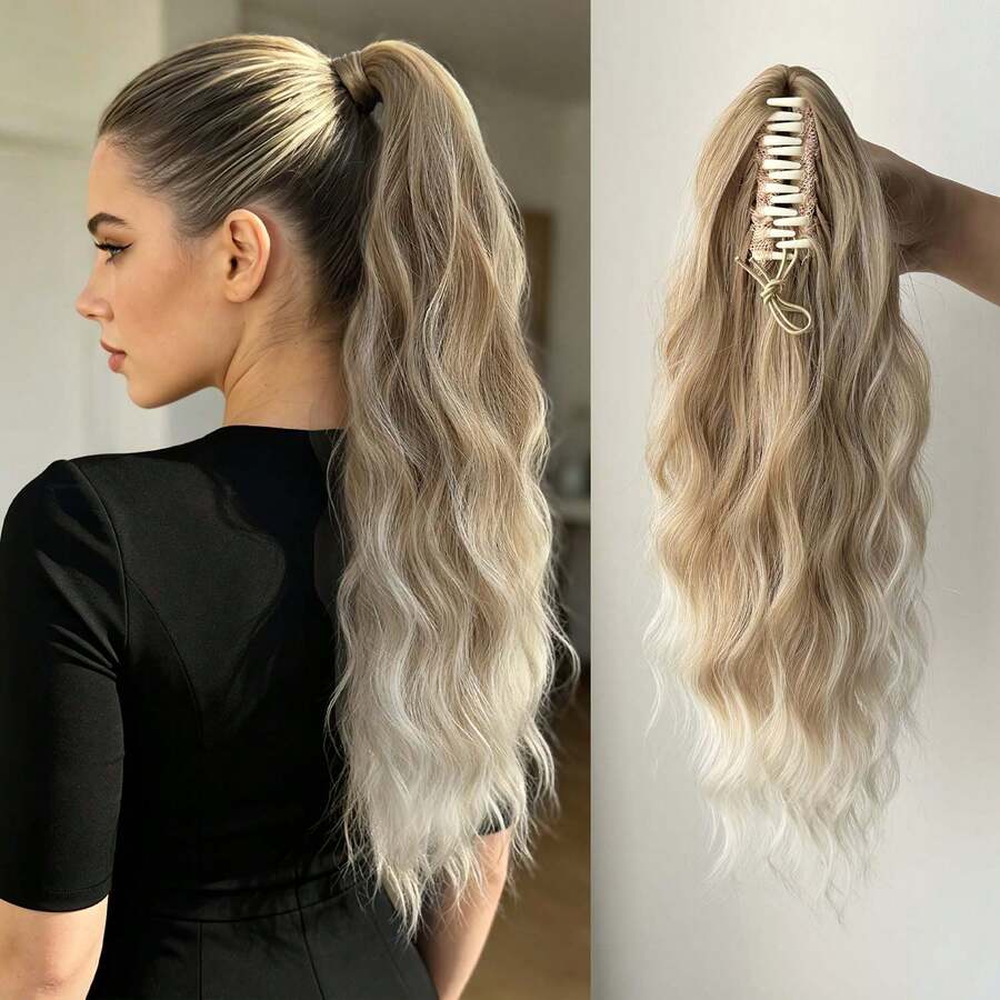 16 Inch Wavy Clip-In Ponytail Extension, Gradient Blonde Synthetic Hair Piece, For Women's Daily And Party Use - Multicolor - View 1