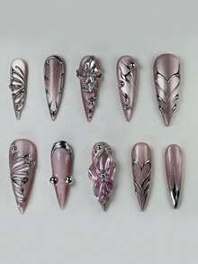 10 piezas de uñas postizas de acrílico plateado con degradado holográfico y punta, set de uñas postizas 3D de ojo de gato morado Y2K, decoradas con accesorios de corazón/flor/mariposa/cuentas plateadas, adecuadas para salones de uñas, suministros de uñas para niñas y mujeres - Multicolor - Ver 1