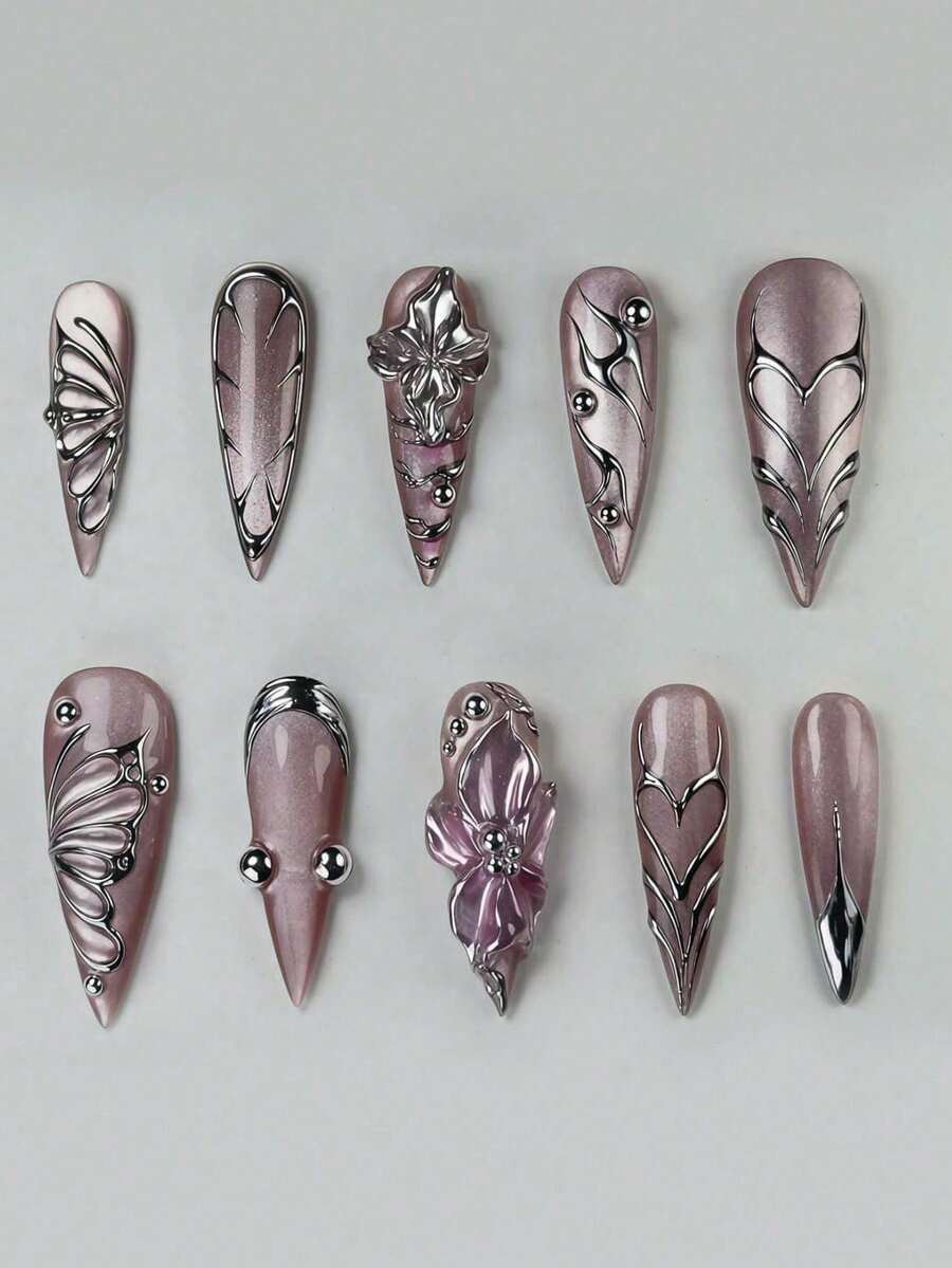 10 piezas de uñas postizas de acrílico plateado con degradado holográfico y punta, set de uñas postizas 3D de ojo de gato morado Y2K, decoradas con accesorios de corazón/flor/mariposa/cuentas plateadas, adecuadas para salones de uñas, suministros de uñas para niñas y mujeres - Multicolor - Ver 1