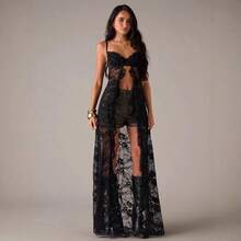 Women Cami Top Sleeveless Lace Patchwork Cutout Longline Top For Spring Summer Party Going Out, Retro Goth Y2K Style With Sheer Floral Lace, Scallop Trim And Irregular Maxi Hem - 黑色 - 查看 6
