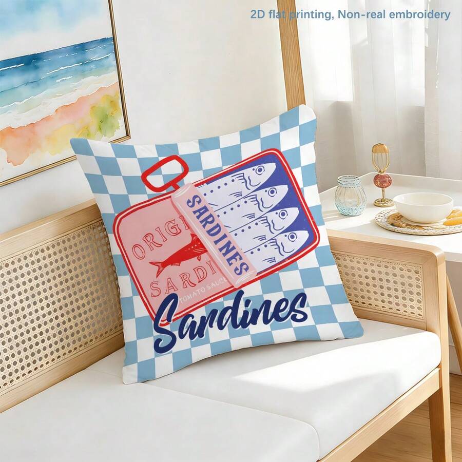 MEMNUN 1 pieza Funda de almohada con estampado de lata de sardinas vintage [sin relleno de almohada], 17.7*17.7in(45*45cm)/19.69*19.69in(50*50cm)/15.75*15.75in(40*40cm), [Impresión de un solo lado] Funda de almohada decorativa a cuadros romboidales con SARDINAS para sofá, cama, sala de estar, dormitorio, coche, oficina, hotel, todas las estaciones, regalo perfecto para familiares y amigos - Multicolor - Ver 1