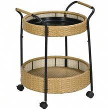 Servierwagen, Φ50 X 66 Cm, Rattan Trolley Mit 2 Regalen, Gartenrollwagen, Runde Küchenwagen Mit Griffen, Outdoor Barwagen, Natur - Yellow - View 1