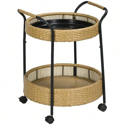 Servierwagen, Φ50 X 66 Cm, Rattan Trolley Mit 2 Regalen, Gartenrollwagen, Runde Küchenwagen Mit Griffen, Outdoor Barwagen, Natur - Yellow - View 1