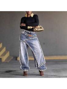 Fashion Personalized High-Waisted Jeans, Heavy Industry Splicing, Handmade Diamond-Encrusted Design, Straight Wide-Leg Pants - 1 - View 4
