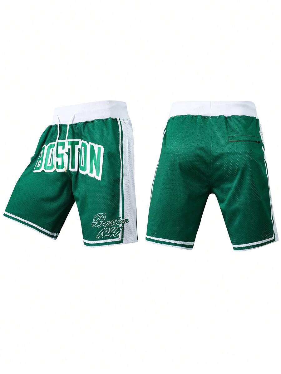 Atonmore Calção de basquete masculino, nº 0, verde vintage, com bordado em tela, bolso com zíper, estilo casual esportivo. - Verde - Ver 1
