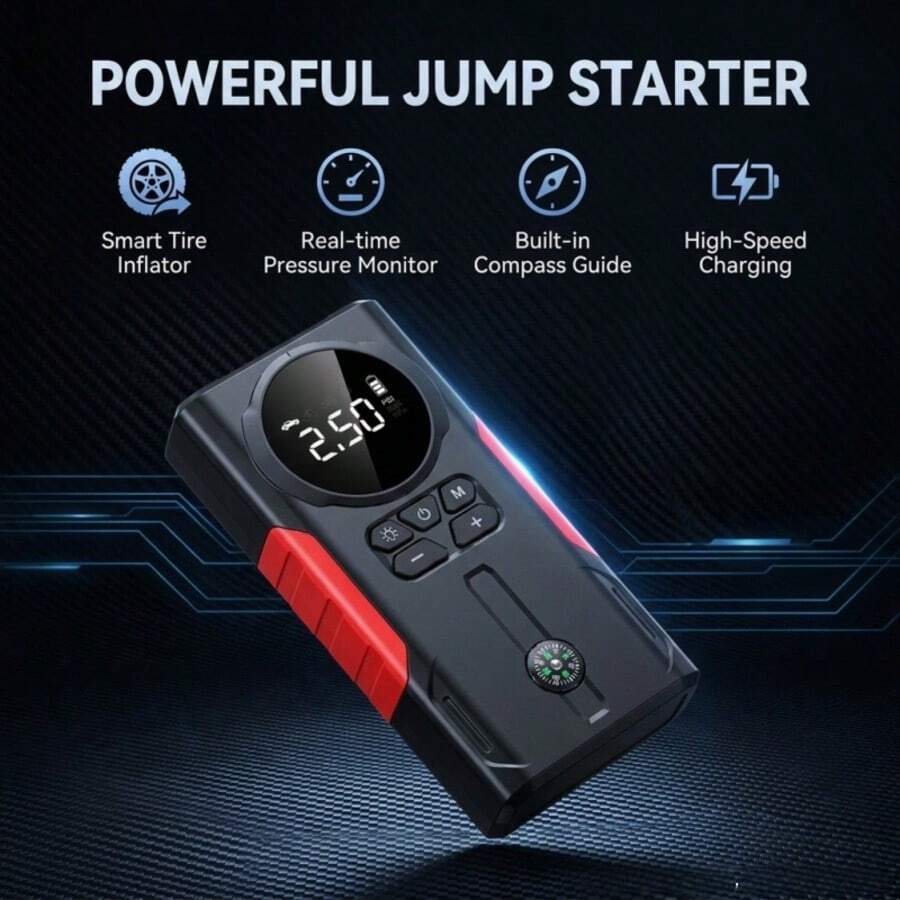 12V Car Jump Starter And Air Compressor 2-In-1 Device, Portable Car Battery Charger With Emergency LED Light, Tire Inflator, Compass For Outdoor Use