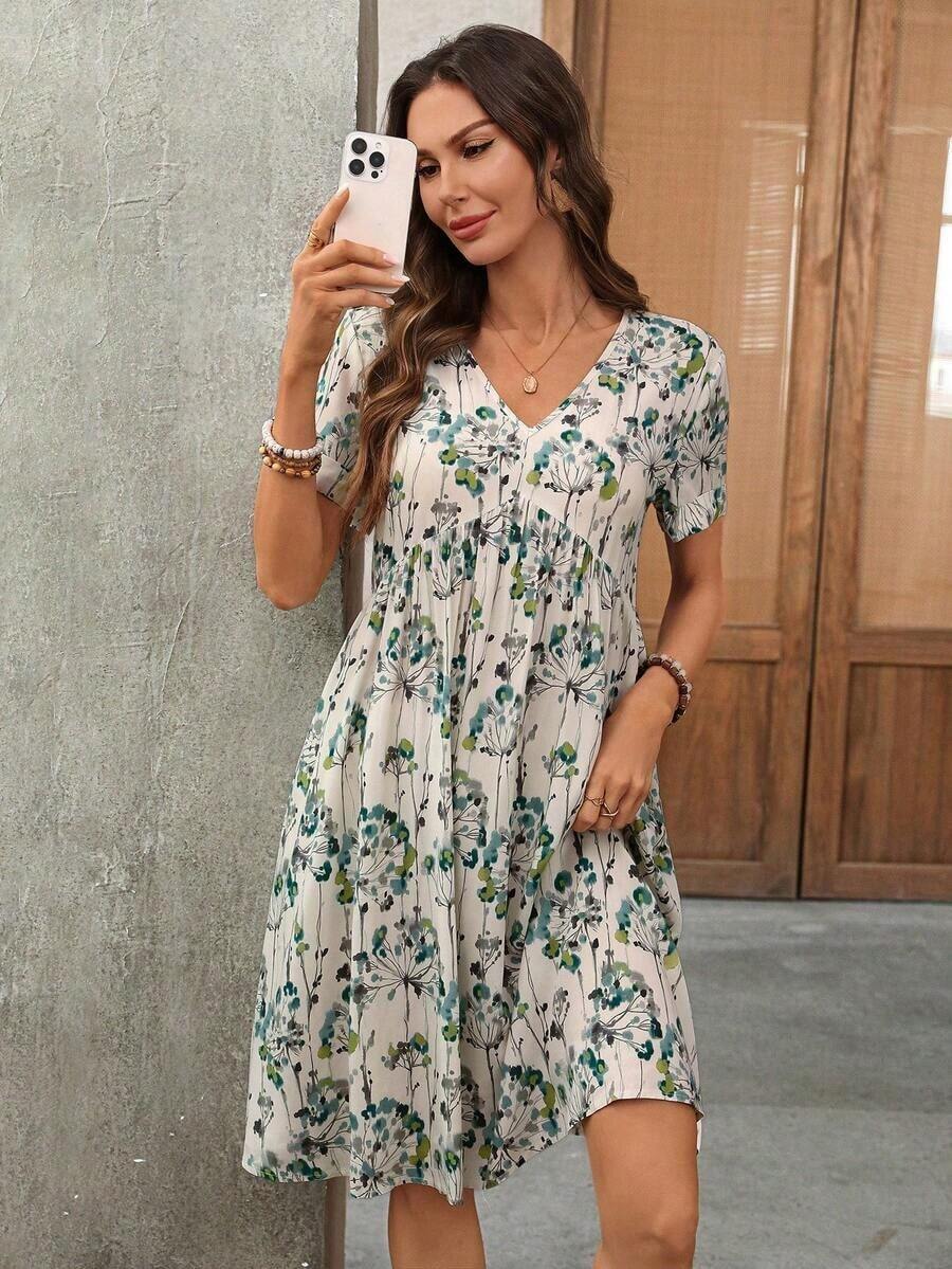 Vestido mini casual de mujer con estampado floral para vacaciones, vestido de verano, atuendos de verano para mujer, vestidos de verano para mujer, vestido de playa, atuendos de playa para mujer, vestidos de playa para mujer, atuendos para salir, atuendos de vacaciones, atuendos de verano para mujer, atuendos de vacaciones, vestido de verano de mujer, vestido corto, vestido corto con estampado floral, vestido de verano casual - Multicolor 4 - Ver 1