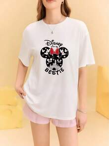 DISNEY Mickey & "Bestie" T-Shirt Suitable For Men & Women - Mickey Ears & Minnie Print Crew Neck Short Sleeve Tee, Loose Slimming Fit For, Dates, Campus - Casual Summer Outfits For Students, Couples (Machine Washable) - Women's T-shirt - View 2