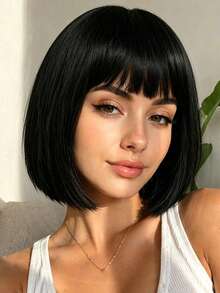 Peluca básica negra de 12 pulgadas con flequillo, cabello sintético resistente al calor, peluca versátil de uso diario para damas - Negro - Ver 1