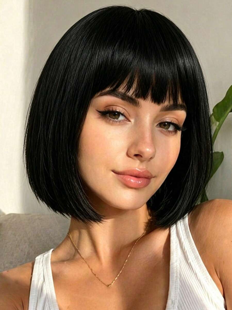 Peluca básica negra de 12 pulgadas con flequillo, cabello sintético resistente al calor, peluca versátil de uso diario para damas - Negro - Ver 1