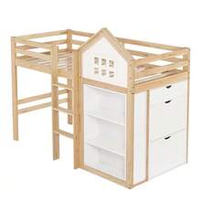Lit mezzanine enfant avec rangements et tiroirs, marches robustes, barrière de  , pin + MDF + contreplaqué, blanc + naturel, 90 x 200 cm - Couleur naturelle - Voir 9