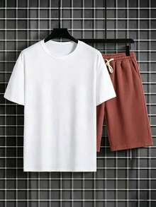 Summer 100% Cotton Men's Casual Two Pieces Sets: Men's Round-Neck Short-Sleeved T-Shirt And Men's Casual Shorts Or Tracksuit Bottoms. - White Top + Caramel Pants - View 4