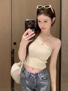 Áo hai dây dệt kim mới, kiểu dáng bất đối xứng ôm sát, gợi cảm với dây đeo mảnh, thích hợp cho mùa xuân/hè. - Màu be - Xem 4
