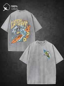Summer ClothesSkull Surfing 100% Cotton 220gsm Washed T-Shirt - Double-Sided Retro Street Style Print, Loose Fit Drop Shoulder Short Sleeve Tee For Summer Casual Wear, Relaxed Clothing, Vintage Aesthetic, Breathable Fabric, Printed Shirt, Streetwear Lovers, Casual Attire, Durable Material, Adult ClothingLoose And Comfortablesummer Tops - 灰色 - 查看 12