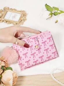 Bow Print Wallet With Fur Ball Keychain Zip 2-Fold Purse Multiple Card Slots Coin Cash Compartment Unisex Daily Use Travel Gifting Card Holder - Hot Pink - View 1