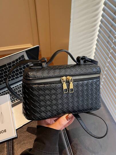 Bolso bandolera trenzado para mujer, mini bolso cuadrado, bolso de cosméticos de piel sintética con cierre de cremallera, bolso de mano casual diario, negro