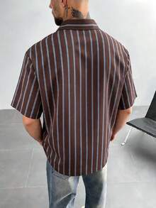 Men's Striped Short Sleeve Single-Breasted Casual Pocket Shirt - Brown - View 6