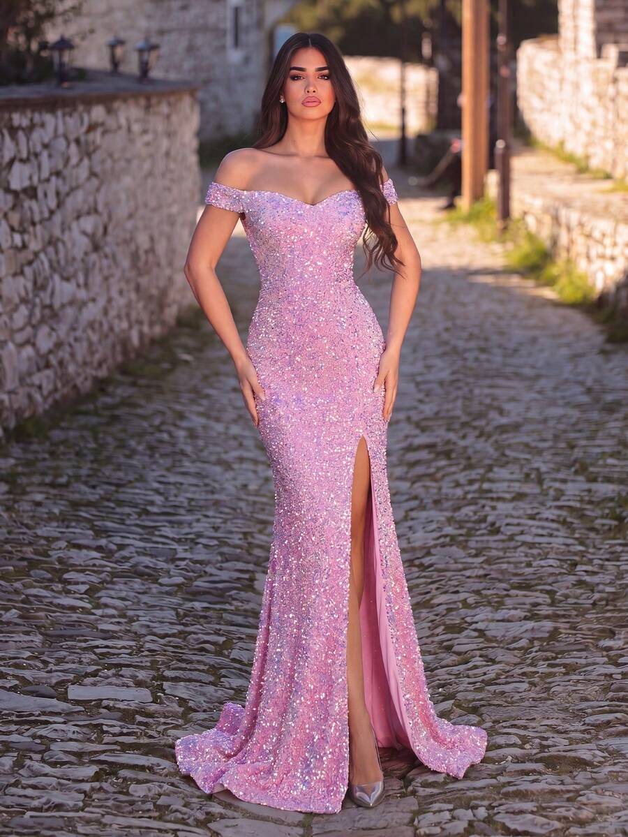Sequin Open Shoulder Slit Dress, Elegant Evening Gown For Wedding Guest, Graduation Ceremony, Formal Party Spring - Baby Pink - View 1