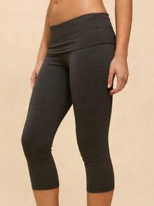 Womens Low Rise Capri Pants Fold Over Waistband Solid Color Slim Fit Cropped Pants Trousers - Gris Oscuro - Ver 3