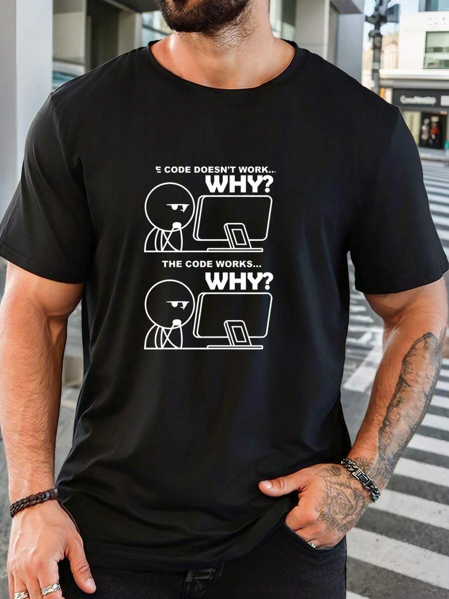 T-shirt Homme 100% Coton 180g Amusant "LE CODE NE FONCTIONNE PAS", Col Rond Léger d'Été, Impression Sarcastique pour Programmeurs et Développeurs Logiciels, Coupe Régulière, Respirant, Lavable en Machine, Idéal pour les Geeks Tech et Cadeau Original - Noir - Voir 1