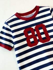SUNSTORY Women's Vintage Digital Print Contrast Color Ribbed Short Sleeve T-Shirt, Y2K Striped Slim Fit Cropped Top, Casual Streetwear Style, Suitable For Home, Outdoor, Travel And Vacation - Blue and White - View 10