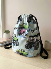 1pc Drawstring Backpack, Multi-Scenario Universal, Extra Large Capacity, Ultra-Lightweight & Portable, Durable, High Aesthetic, Foldable Storage Bag, Cartoon Car Print Pattern Children's Drawstring Sports Backpack, Dust-Proof Storage, Suitable For Outdoor Travel, Fitness, Daily Commute And School Use - Multicolor - View 3