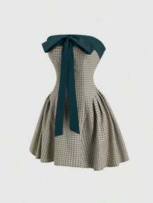 Vestido casual cómodo de corte evasé con bloque de color, lazo y estampado de pata de gallo, nuevo para otoño/invierno, color marrón - Verde militar - Ver 12