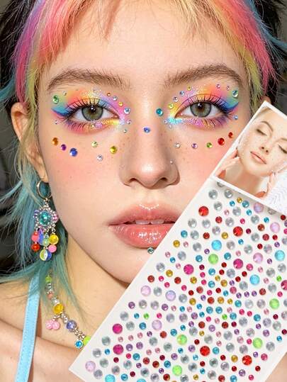 3D Shiny Multi-Colored Rhinestone Gems, Suitable For Eye Corner/Nail/Face Decoration, Applicable For Music Festivals, Carnivals, Valentine's Day, Y2K Style Parties, Daily Decoration, Makeup Parties, Balls And Other Occasions, Can Be Used For Hair, Eyes, Face And Body Decoration