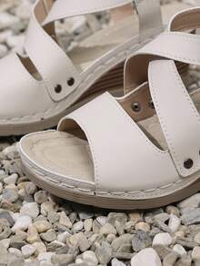 Sandalias de plataforma con cuña y hebilla de unicolor retro para mujer de talla grande - Albaricoque - Ver 8