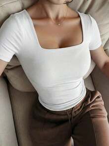 Blusa de manga corta con cuello cuadrado, elegante y versátil, adecuada para uso diario, ir al trabajo y salir, primavera y verano - Blanco - Ver 2