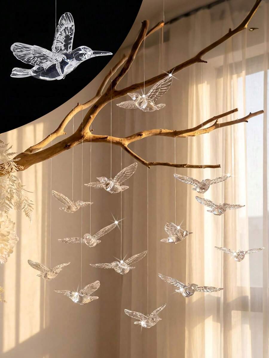 12个水晶透明亚克力蜂鸟摆件，装饰雕塑，适用于婚礼天花板、家居、花园、窗户、房间装饰，母亲节礼物，夏季花园派对、户外露台悬挂式阳光捕捉器，优雅家居装饰，闪亮动物吊坠，现代庆典用品，手工工艺配件