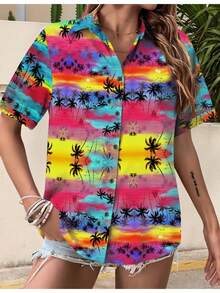 Hawaiian Shirts For Women Tropical Floral Button Down Short Sleeve Blouses Summer Beach Shirt Vacation Tops, 5XL Oversize Soft Cool V Neck - 熱帶椰子粉 - 查看 5